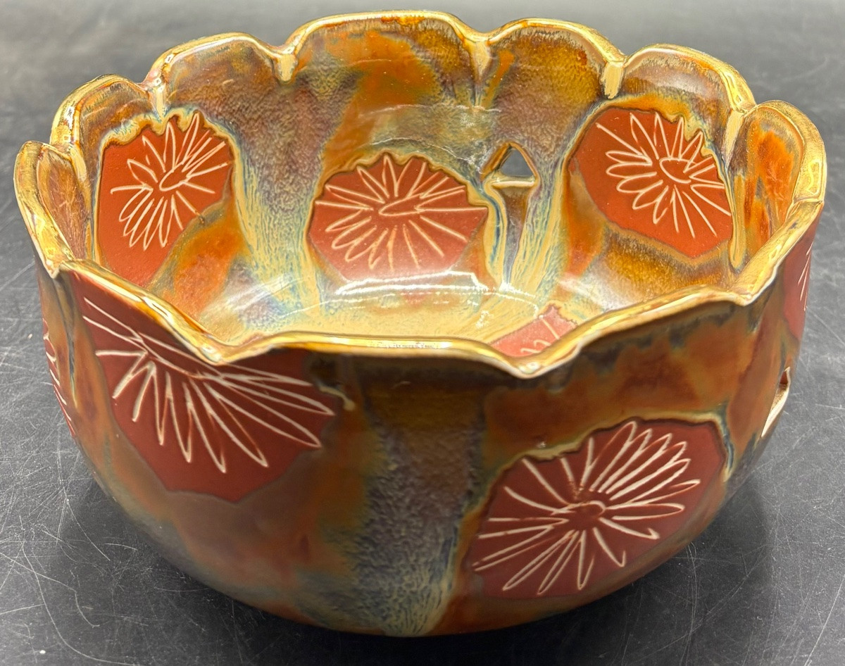 Openwork Ceramic Salad Bowl, Glazed And Gilded, From Japan, 1960s-photo-2