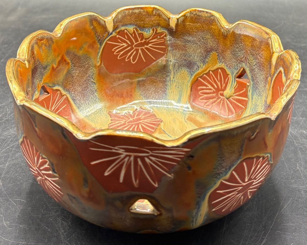 Openwork Ceramic Salad Bowl, Glazed And Gilded, From Japan, 1960s-photo-4