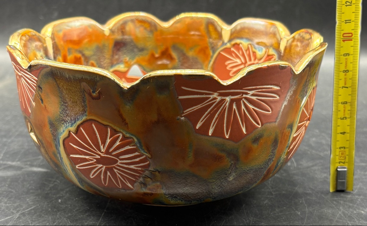 Openwork Ceramic Salad Bowl, Glazed And Gilded, From Japan, 1960s-photo-5