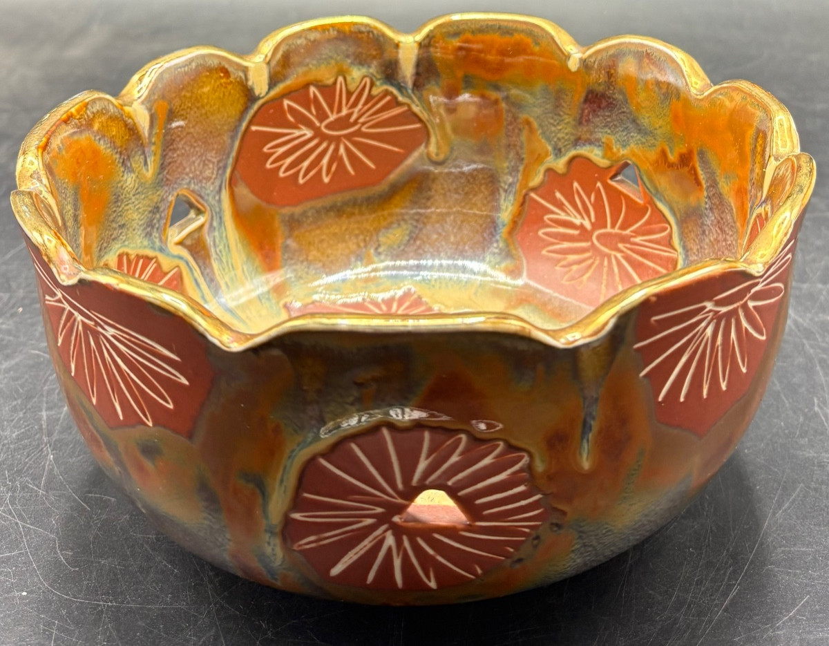 Openwork Ceramic Salad Bowl, Glazed And Gilded, From Japan, 1960s