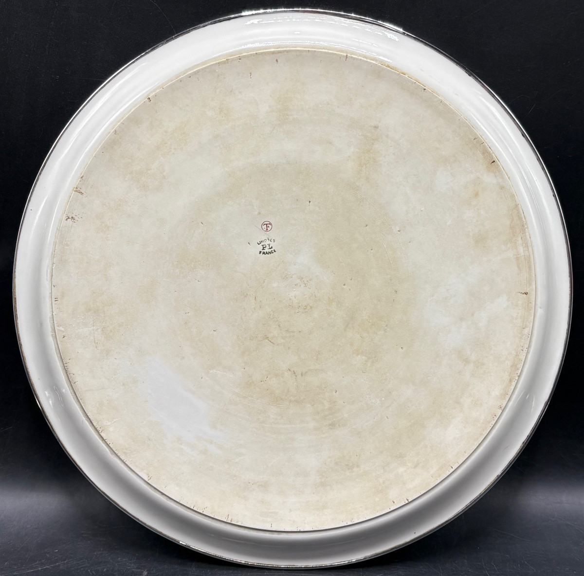 PLAT À TARTES OU DE PRÉSENTATION EN PORCELAINE ÉMAILLÉE CERCLÉE D’ARGENT MASSIF LIMOGES 1930-photo-2