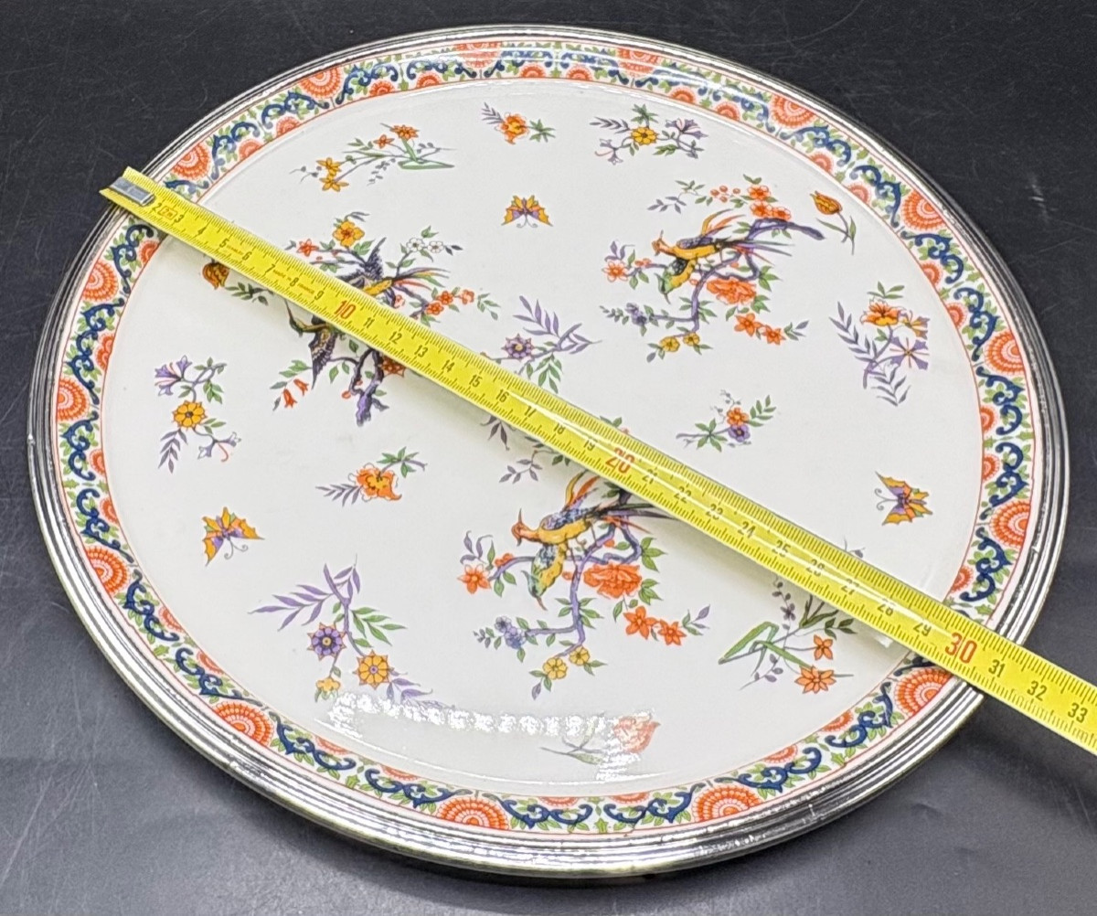 PLAT À TARTES OU DE PRÉSENTATION EN PORCELAINE ÉMAILLÉE CERCLÉE D’ARGENT MASSIF LIMOGES 1930-photo-2