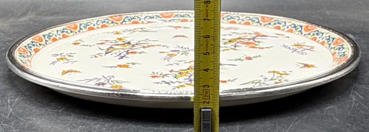 PLAT À TARTES OU DE PRÉSENTATION EN PORCELAINE ÉMAILLÉE CERCLÉE D’ARGENT MASSIF LIMOGES 1930-photo-3