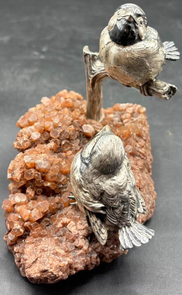 Silver-plated And Patinated Sparrow Subject On Quartz By Celero, Spain, 1920s/30s-photo-2