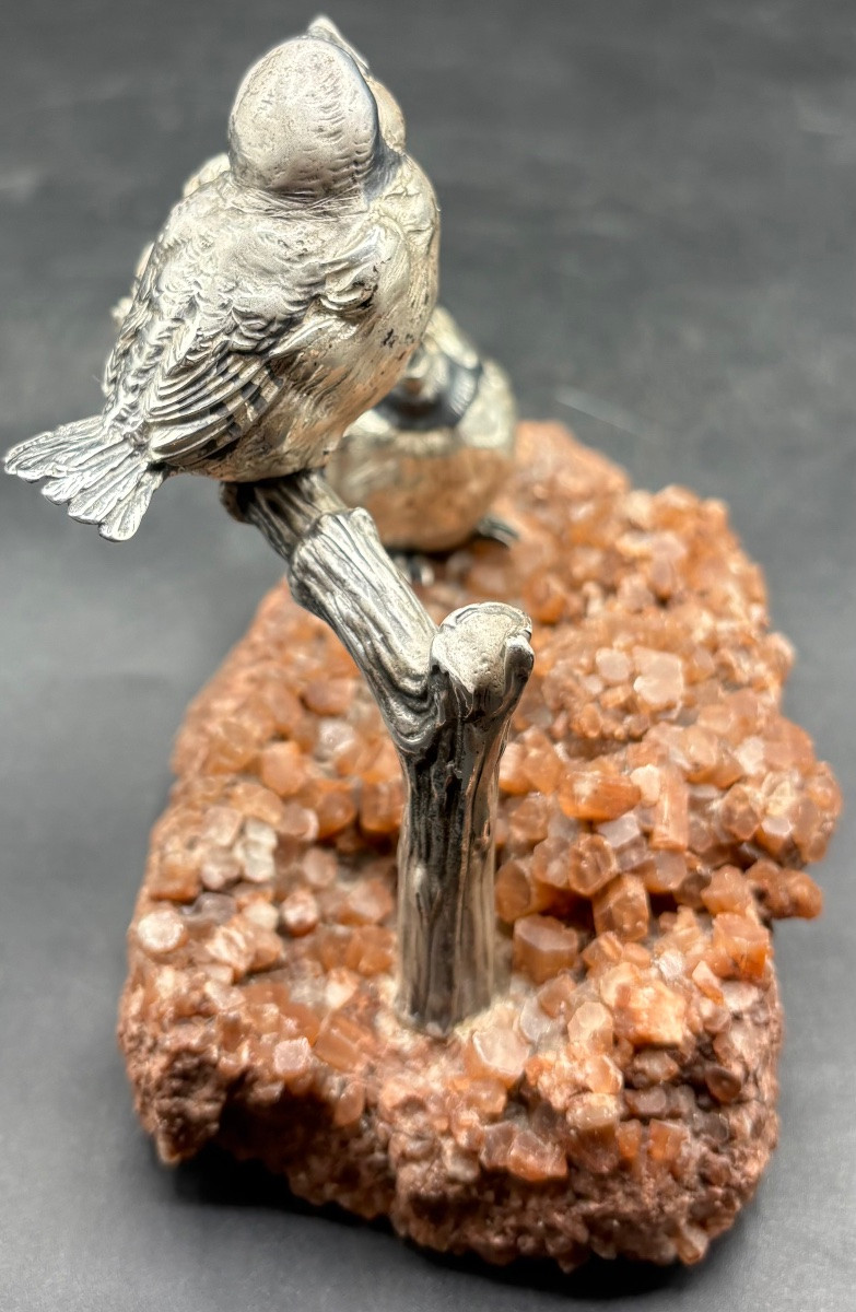 Silver-plated And Patinated Sparrow Subject On Quartz By Celero, Spain, 1920s/30s-photo-4