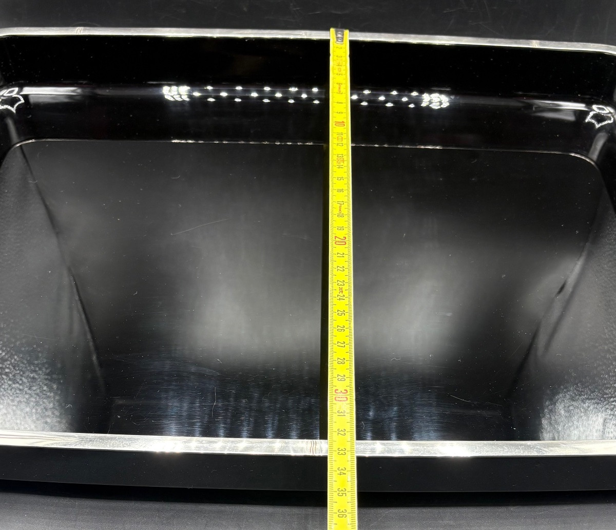 GRAND PLATEAU EN BOIS LAQUÉ CERCLÉ D’ARGENT MASSIF DES ANNÉES 1930 JAPONAIS -photo-4