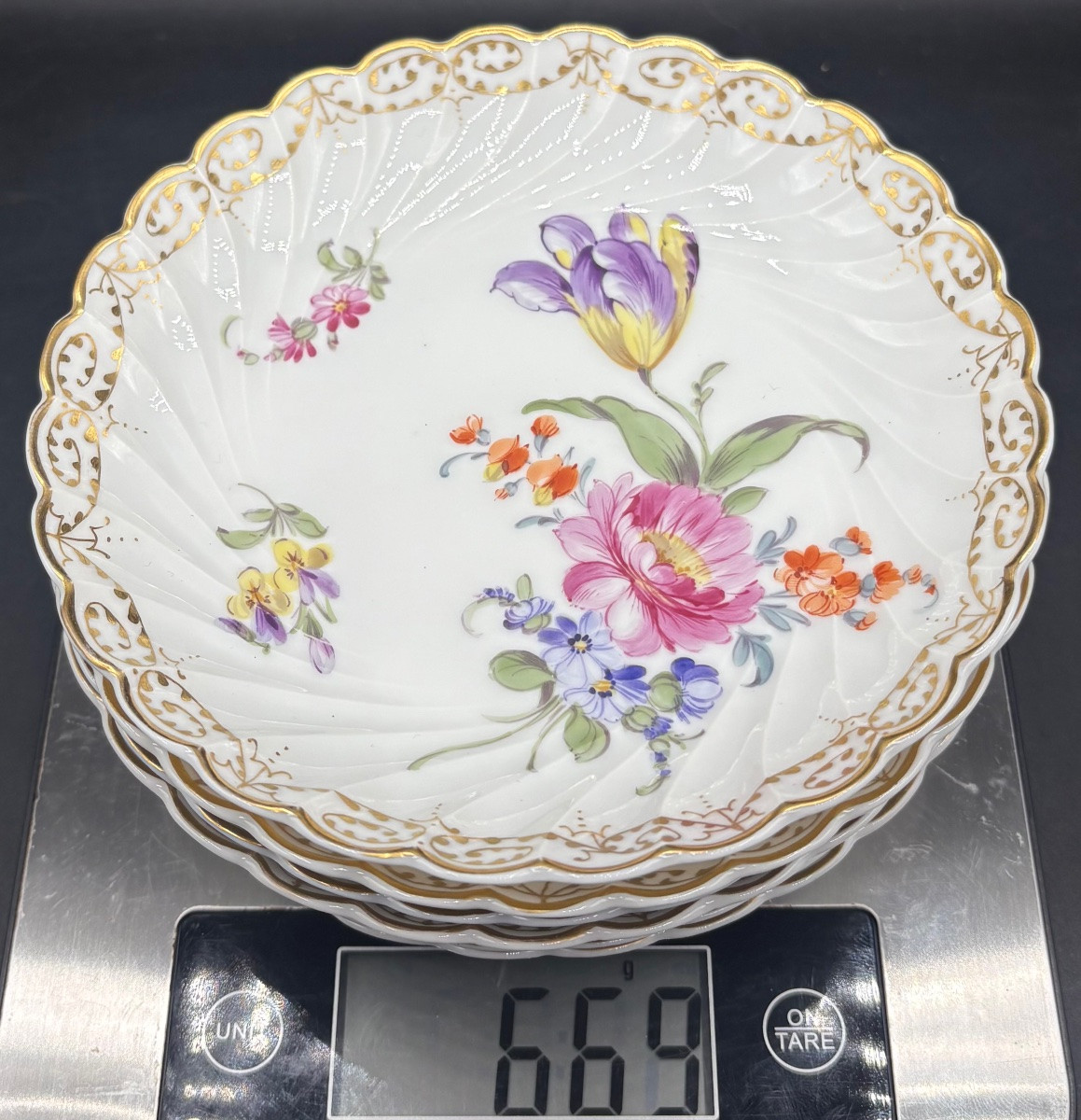 Six Small Painted And Gilded Enameled Porcelain Plates From The 1900s, Saxony-photo-8