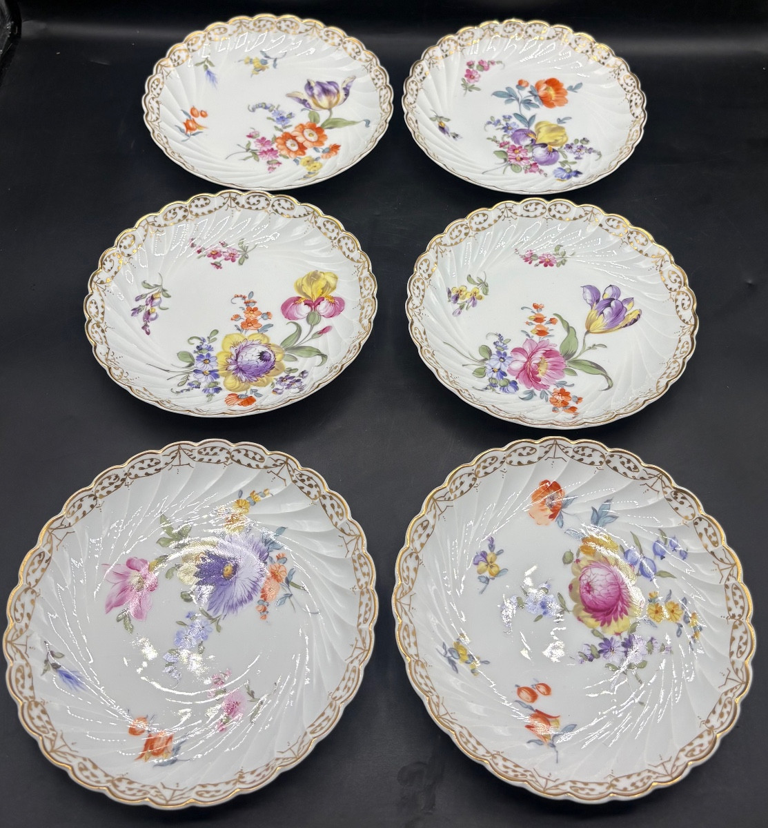 Six Small Painted And Gilded Enameled Porcelain Plates From The 1900s, Saxony