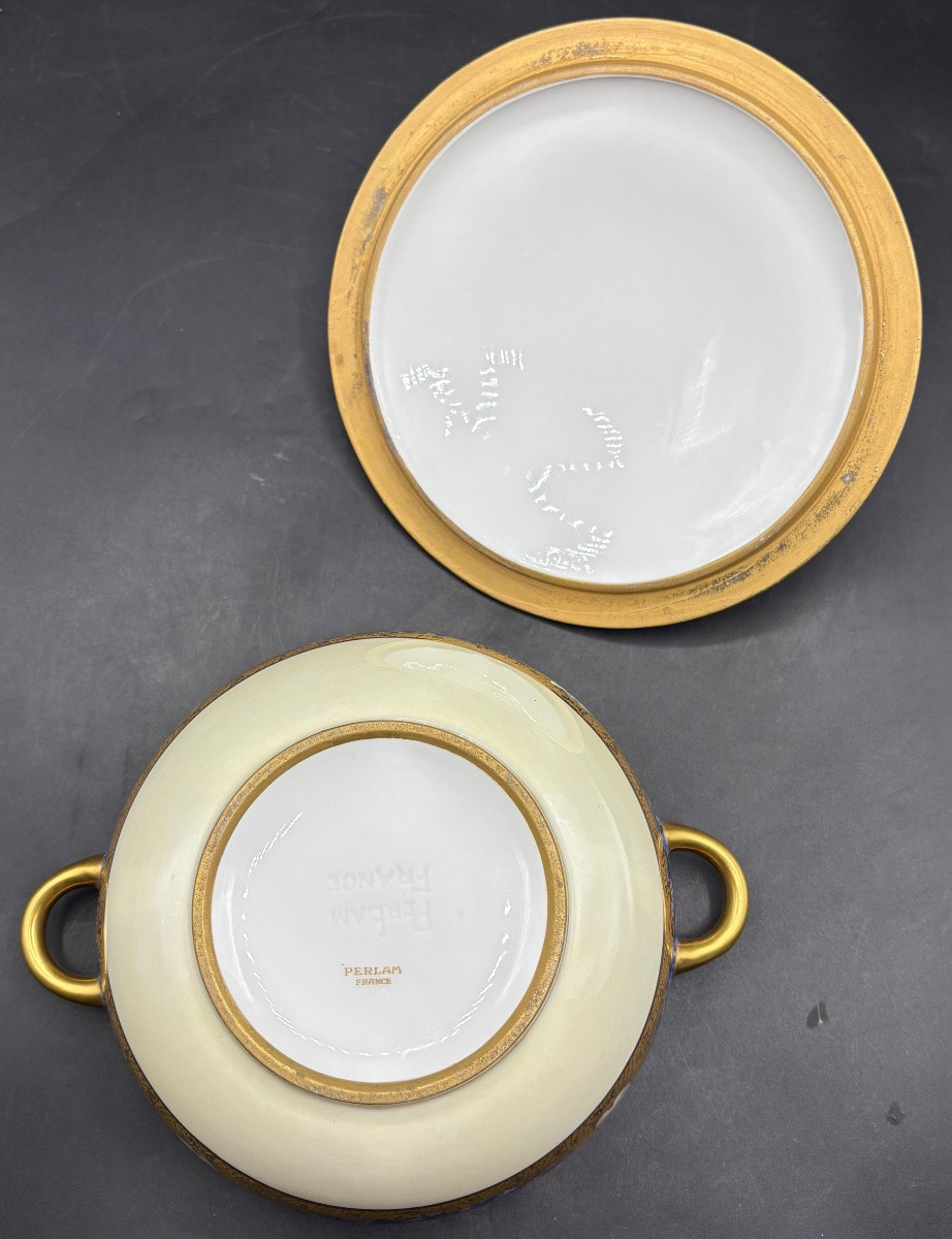 BOUILLON EN PORCELAINE ÉMAILLÉE DORÉE DES ANNÉES 1920 PAR PERLAM-photo-3