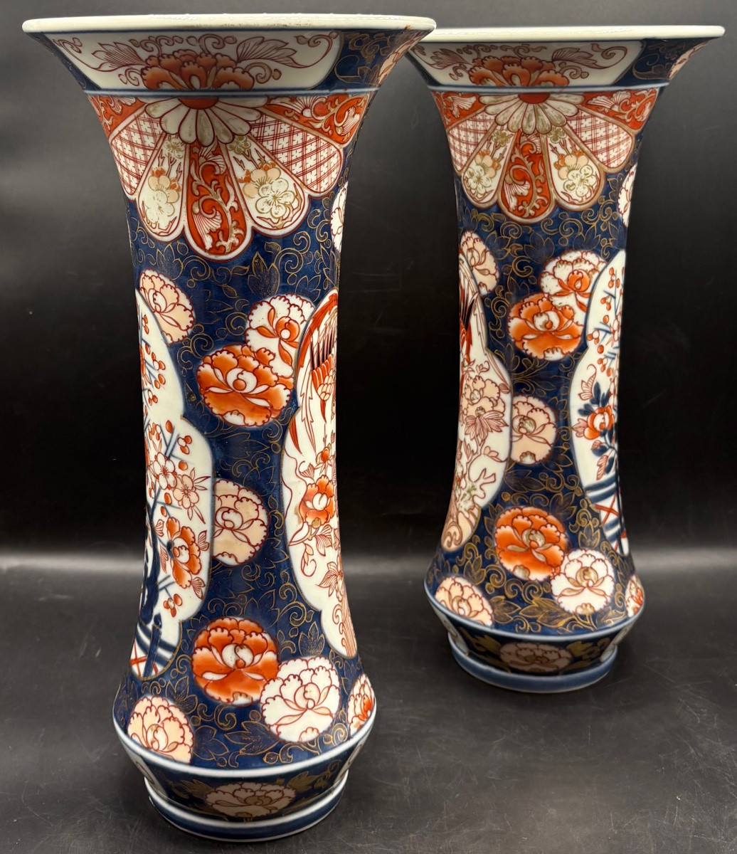 Pair Of Cornet-shaped Vases In Imari Porcelain From Japan, Late 19th Century-photo-2