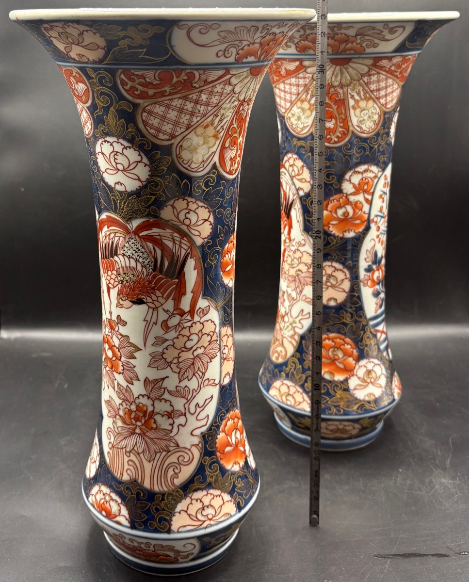 Pair Of Cornet-shaped Vases In Imari Porcelain From Japan, Late 19th Century-photo-7
