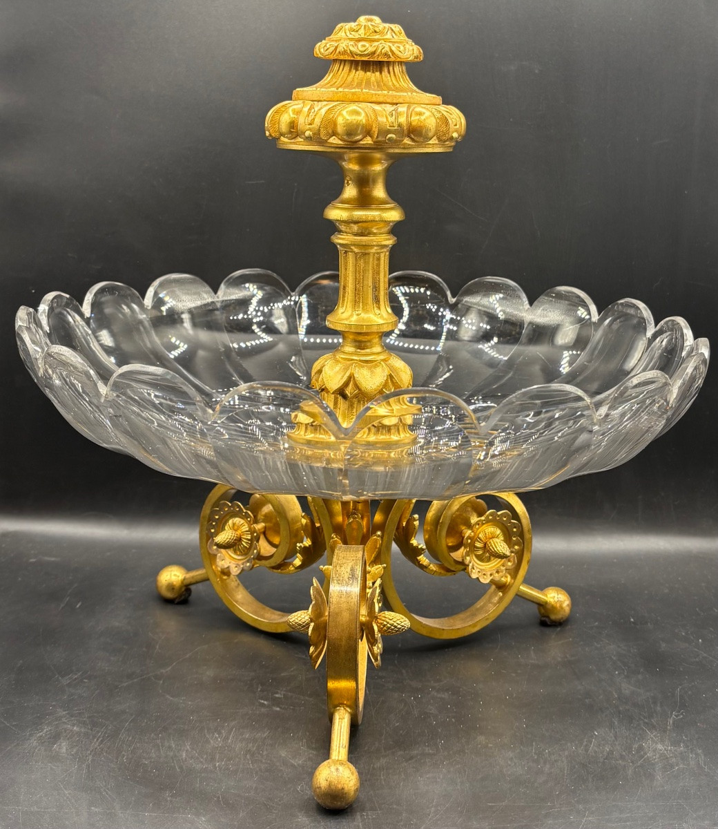 GRANDE COUPE EN CRISTAL SOUFFLÉ TAILLÉ BACCARAT ET BRONZE DORÉ DES ANNÉES 1870 FRANÇAIS -photo-2