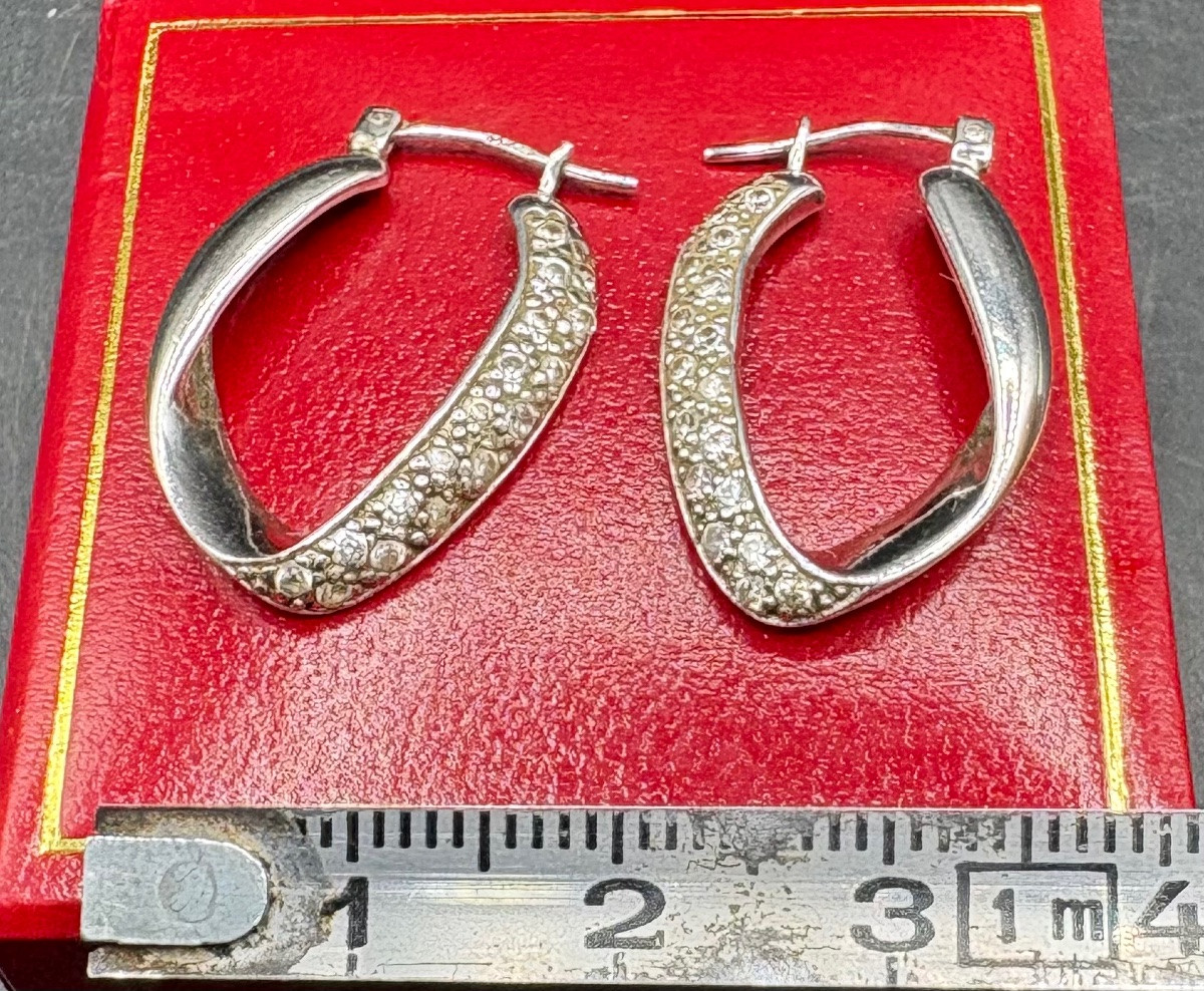 Pair Of Solid Silver And Zirconium Oxide Earrings From The 1980s, French-photo-6