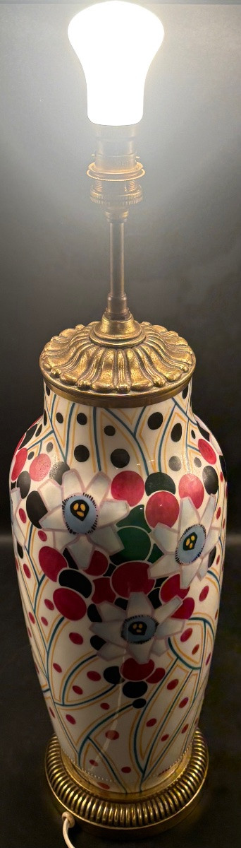 LAMPE D’AGRÉMENT EN PORCELAINE ÉMAILLÉE PEINTE MONTÉE BRONZE DES ANNÉES 1930 FRANÇAISE -photo-5