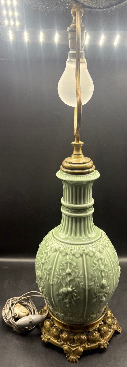Celadon Glazed Porcelain Lamp Mounted In Bronze, 1870s/80s, France-photo-2