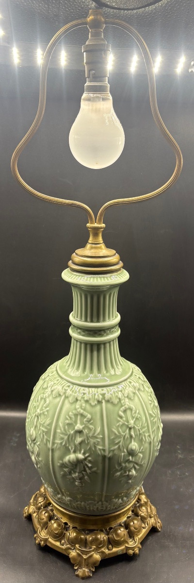 Celadon Glazed Porcelain Lamp Mounted In Bronze, 1870s/80s, France-photo-3