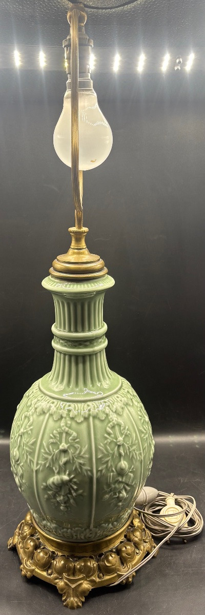 Celadon Glazed Porcelain Lamp Mounted In Bronze, 1870s/80s, France-photo-4
