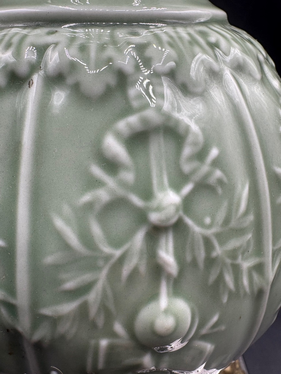 Celadon Glazed Porcelain Lamp Mounted In Bronze, 1870s/80s, France-photo-2