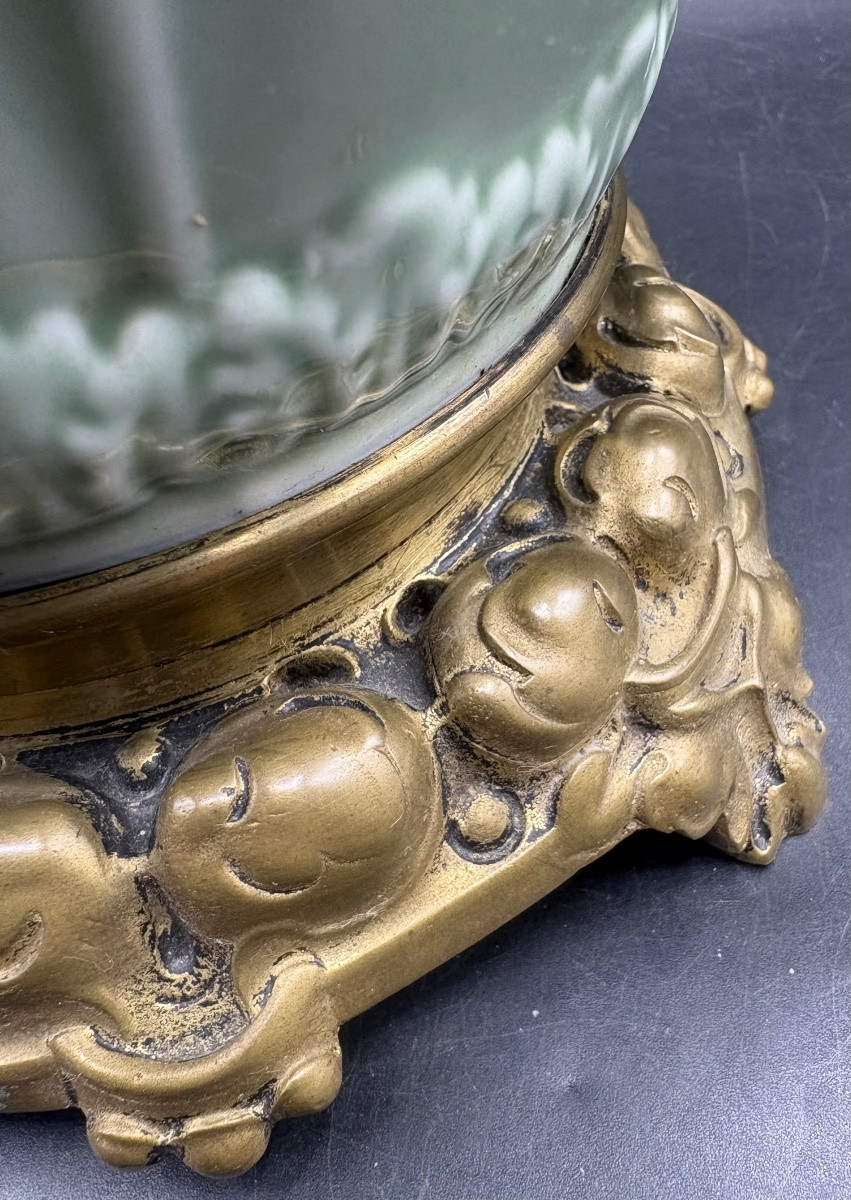 Celadon Glazed Porcelain Lamp Mounted In Bronze, 1870s/80s, France-photo-3