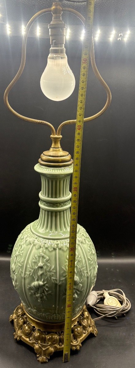 Celadon Glazed Porcelain Lamp Mounted In Bronze, 1870s/80s, France-photo-5