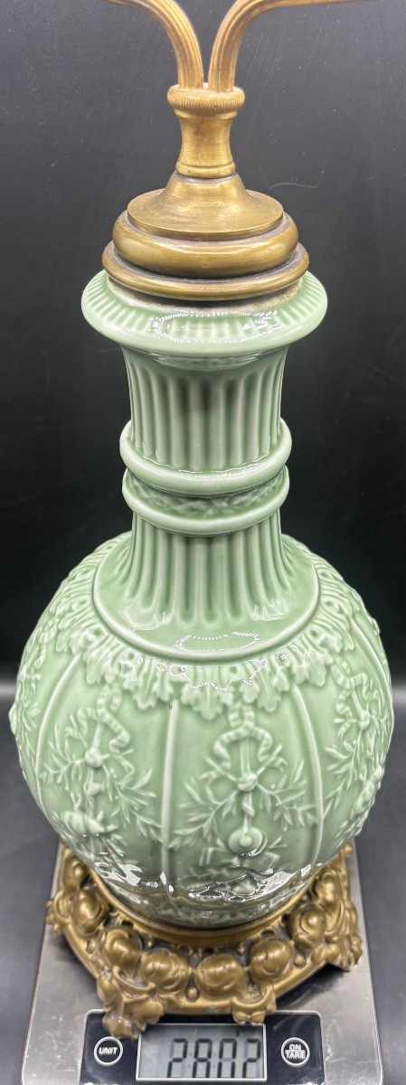 Celadon Glazed Porcelain Lamp Mounted In Bronze, 1870s/80s, France-photo-7