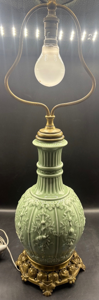 Celadon Glazed Porcelain Lamp Mounted In Bronze, 1870s/80s, France