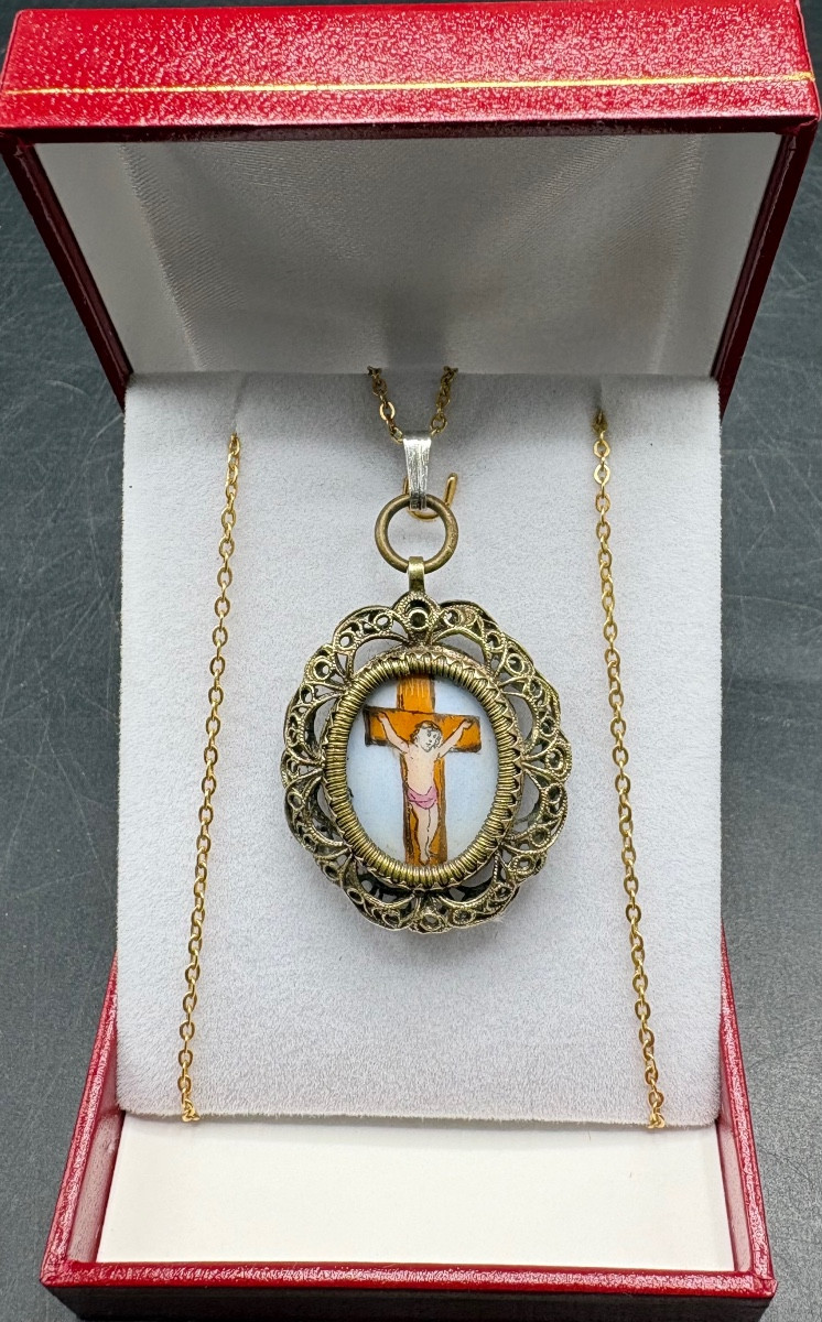 Brass And Enameled Porcelain Pendant From The European 1900s