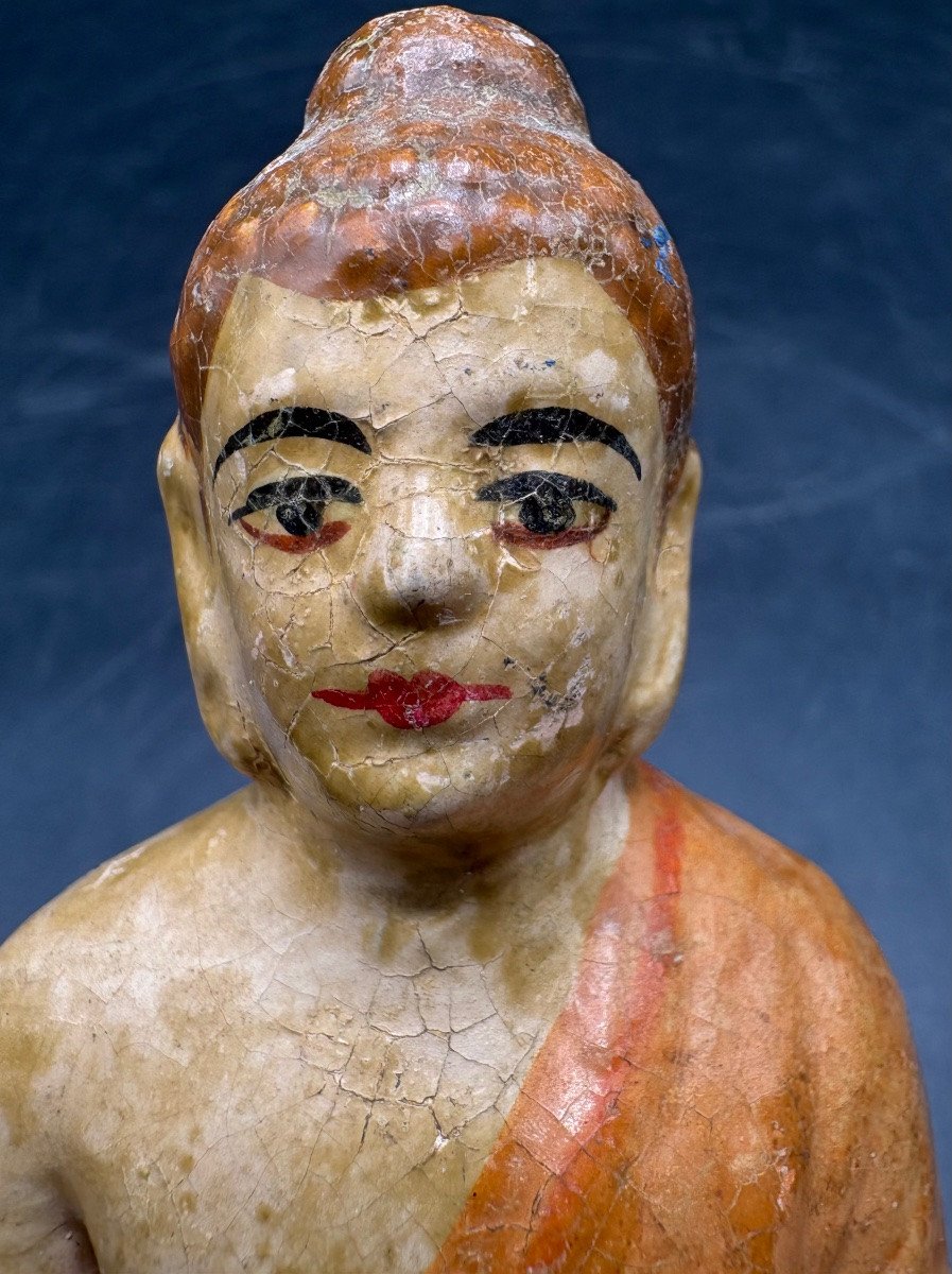 BOUDDHA EN TERRE CUITE PEINTE DES ANNÉES 1900 D’ASIE-photo-3