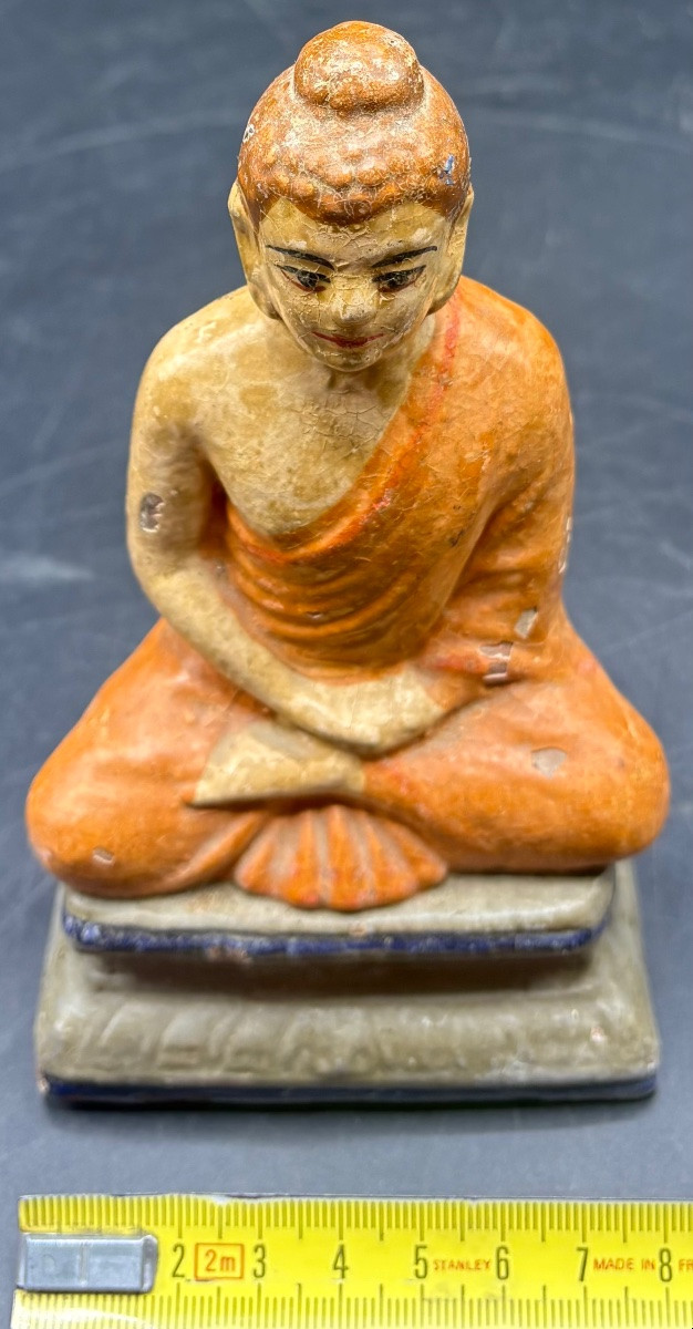 BOUDDHA EN TERRE CUITE PEINTE DES ANNÉES 1900 D’ASIE-photo-6
