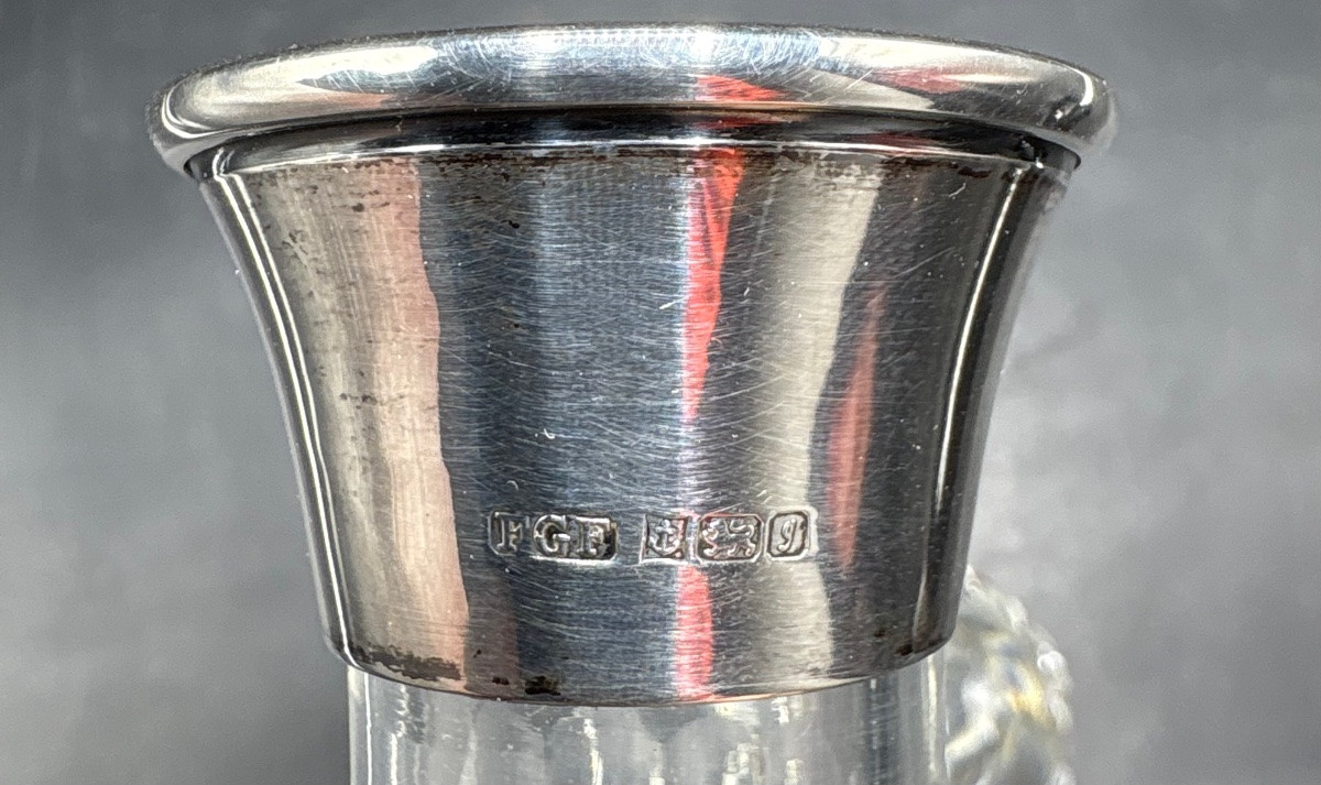 1930s/40s English Blown Crystal Carafe With Solid Silver Ring-photo-1