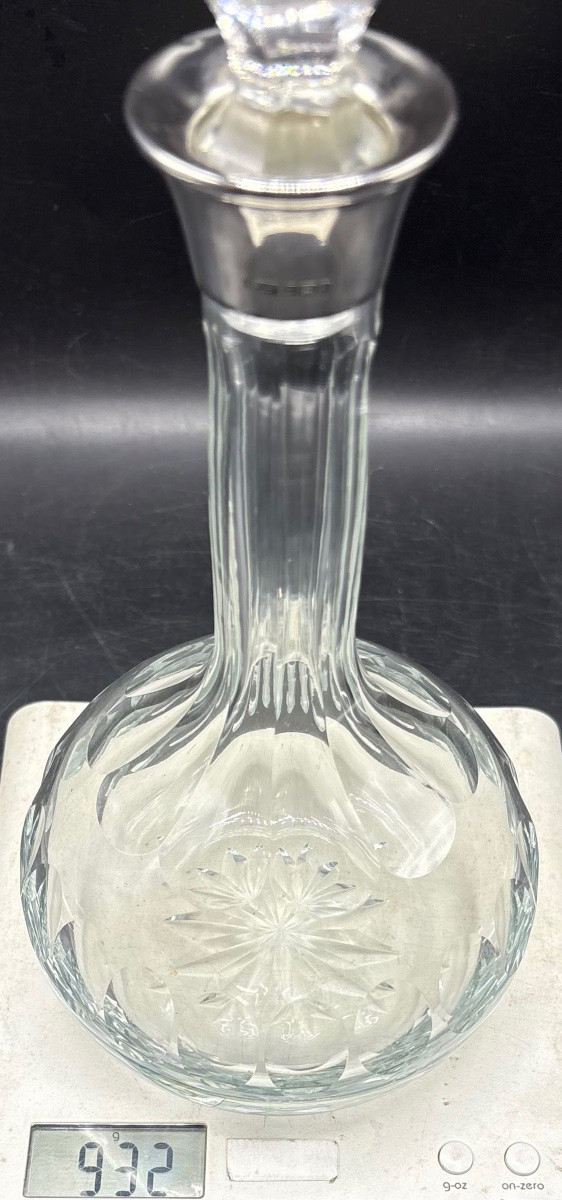 1930s/40s English Blown Crystal Carafe With Solid Silver Ring-photo-8