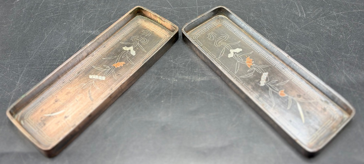 Pair Of Mini Trays In Patinated Bronze And Copperware Circa 1870 Chinese-photo-3