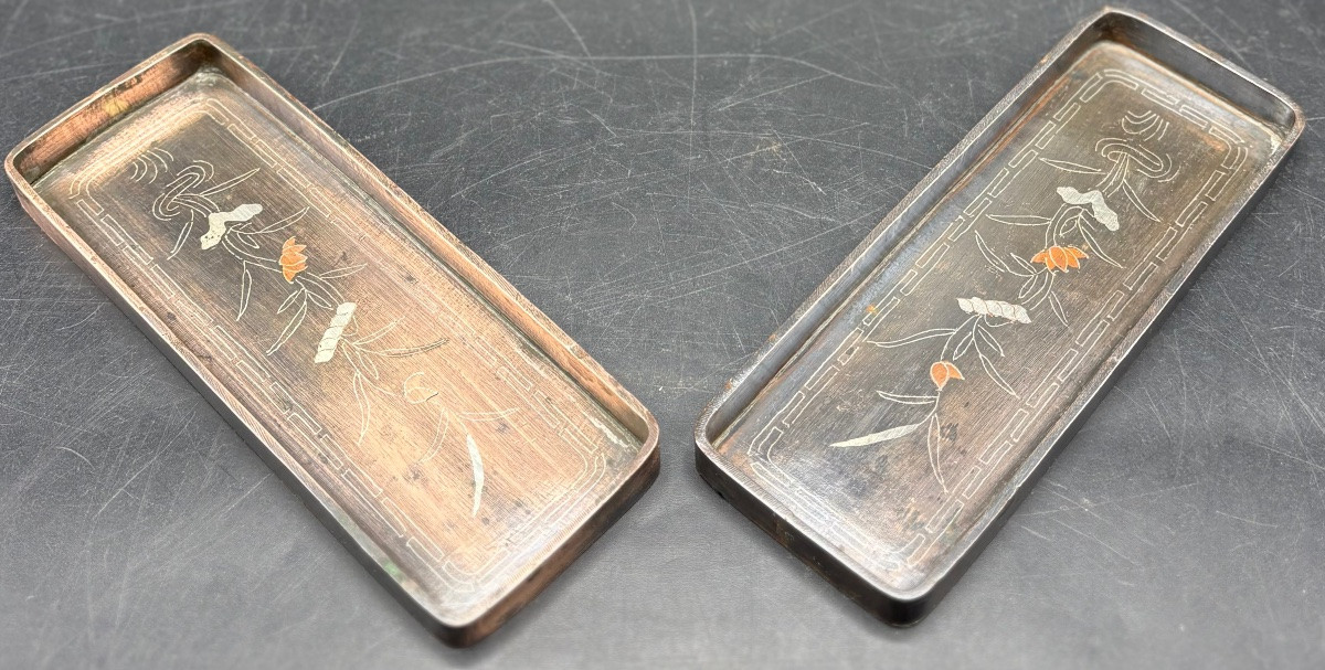 Pair Of Mini Trays In Patinated Bronze And Copperware Circa 1870 Chinese-photo-4