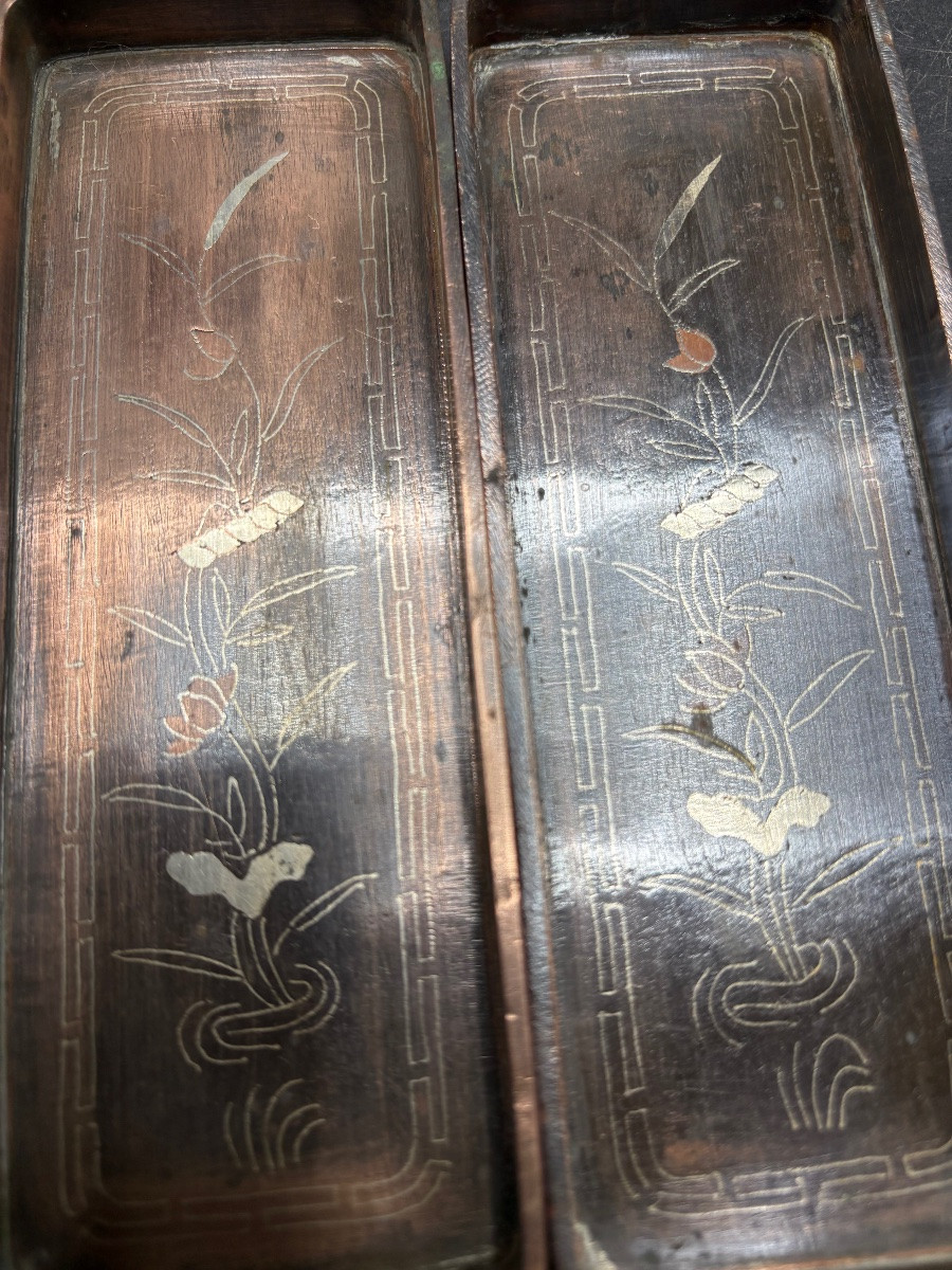 Pair Of Mini Trays In Patinated Bronze And Copperware Circa 1870 Chinese-photo-2