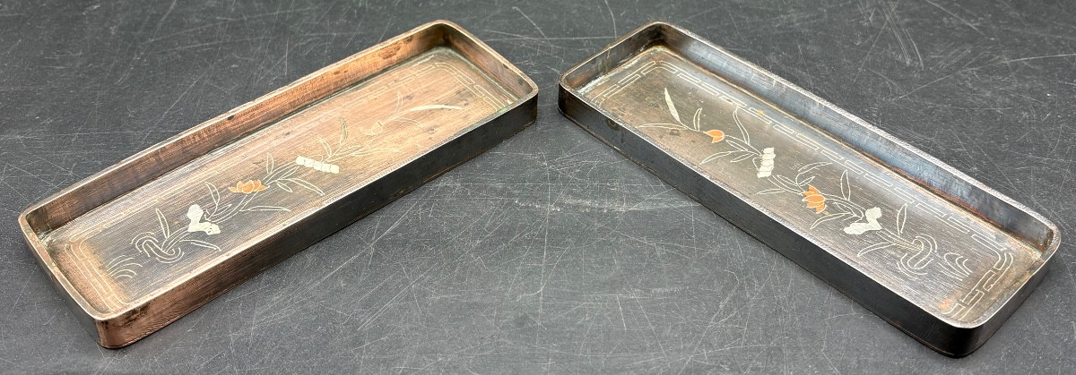 Pair Of Mini Trays In Patinated Bronze And Copperware Circa 1870 Chinese
