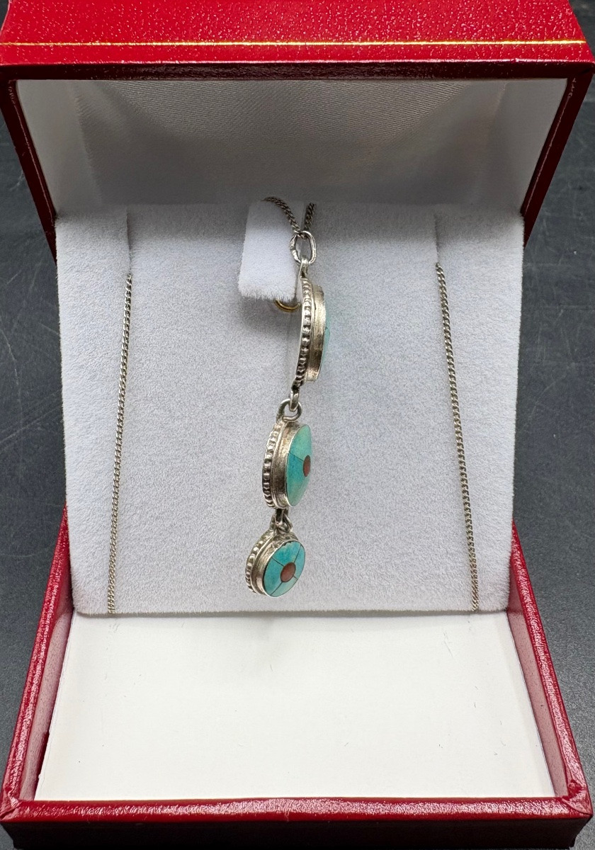 Sterling Silver Turquoise And Coral Pendant 1940s/50s Foreigner-photo-3