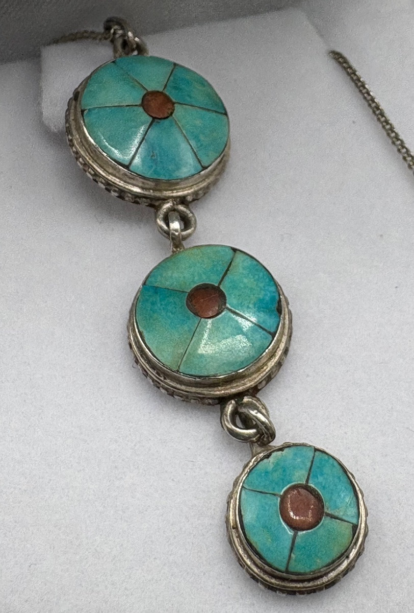 Sterling Silver Turquoise And Coral Pendant 1940s/50s Foreigner-photo-4