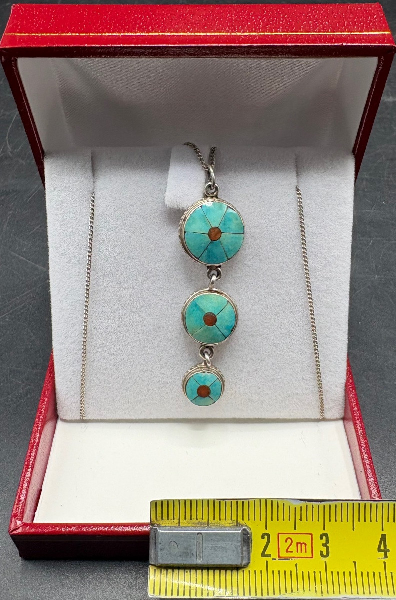 Sterling Silver Turquoise And Coral Pendant 1940s/50s Foreigner-photo-4