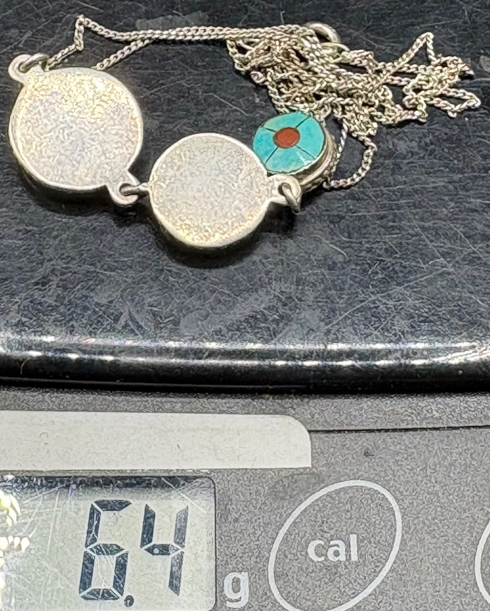 Sterling Silver Turquoise And Coral Pendant 1940s/50s Foreigner-photo-5