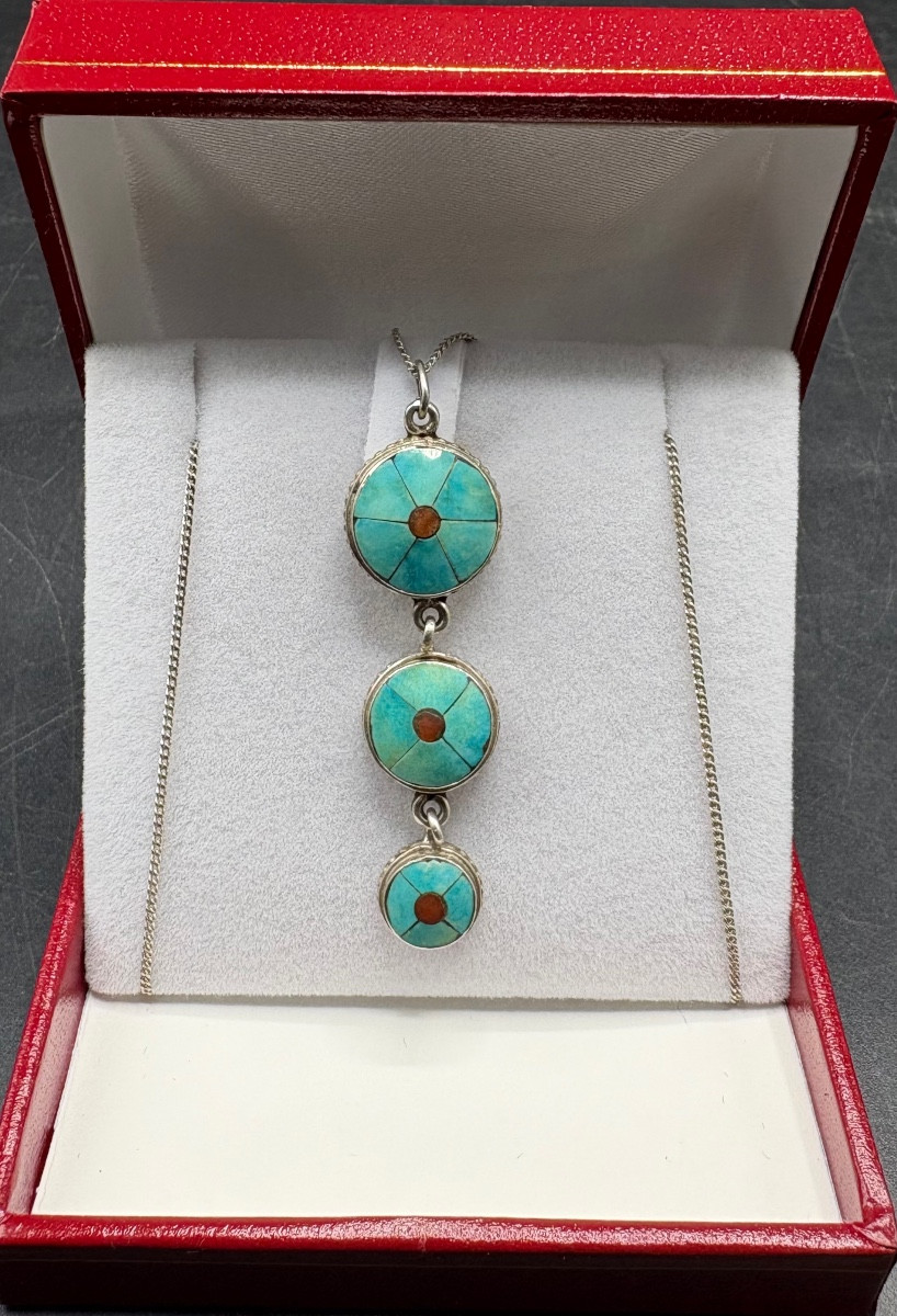 Sterling Silver Turquoise And Coral Pendant 1940s/50s Foreigner