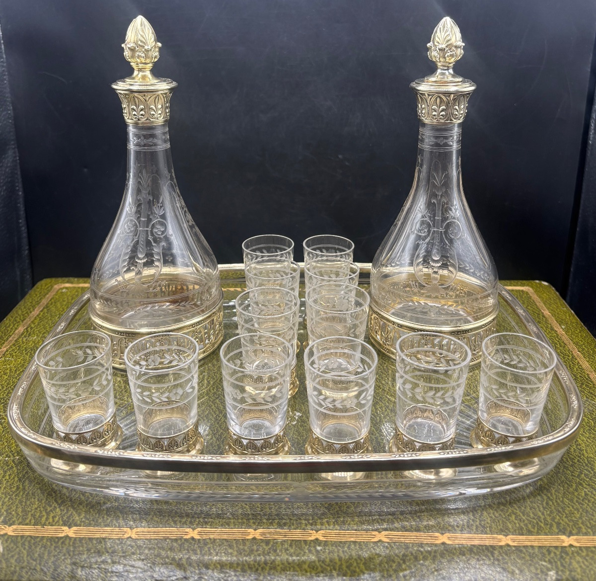 Blown Crystal Liqueur Service Engraved With Chez Saint Louis And Vermeil From The 1870s/80s-photo-2