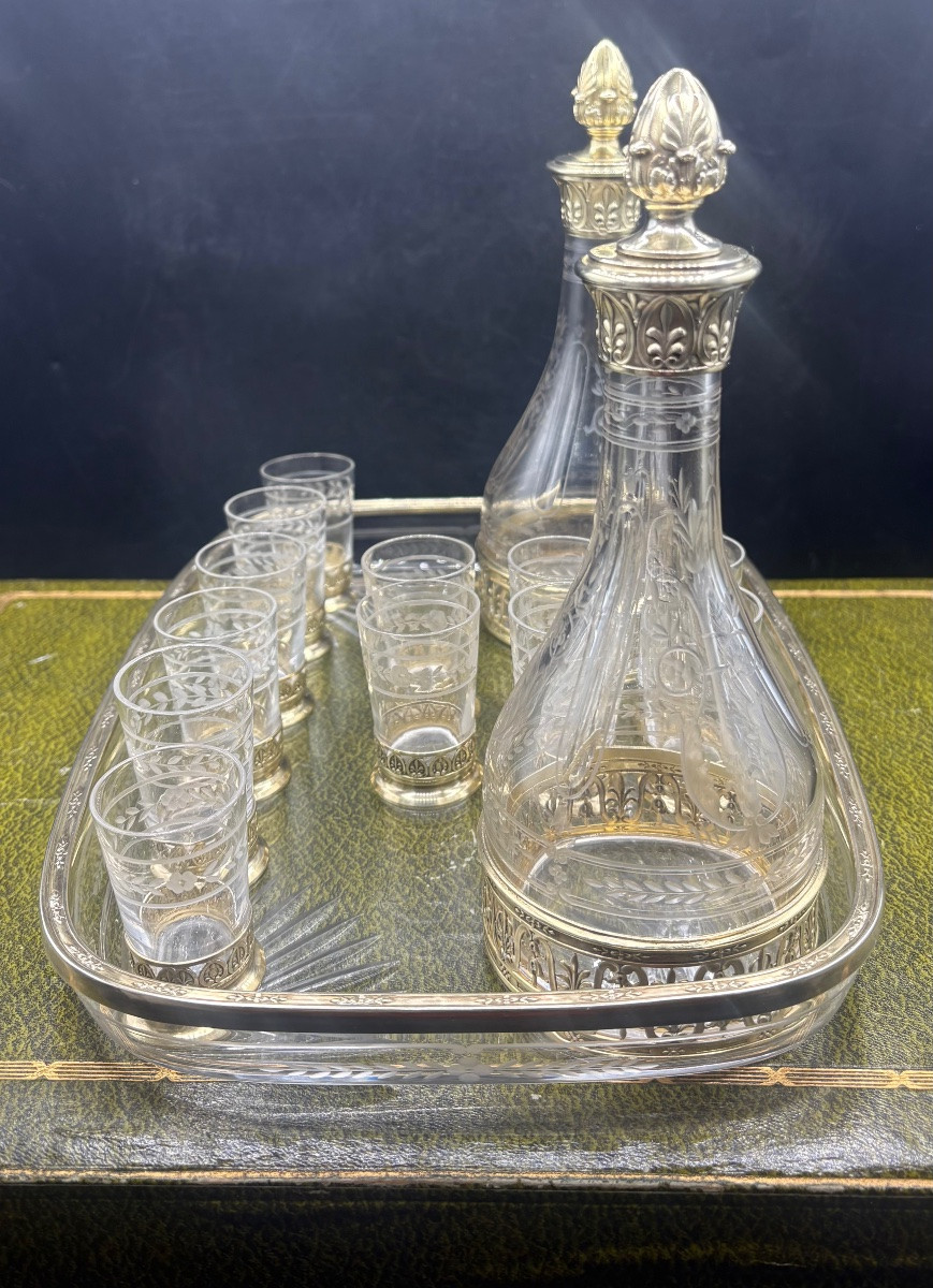 Blown Crystal Liqueur Service Engraved With Chez Saint Louis And Vermeil From The 1870s/80s-photo-3