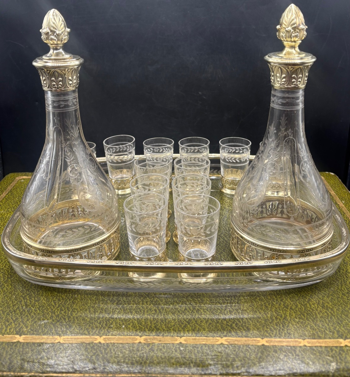 Blown Crystal Liqueur Service Engraved With Chez Saint Louis And Vermeil From The 1870s/80s-photo-4