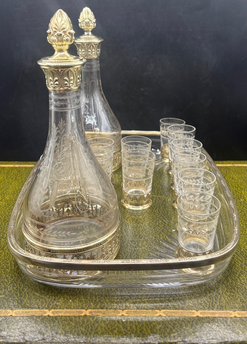 Blown Crystal Liqueur Service Engraved With Chez Saint Louis And Vermeil From The 1870s/80s-photo-1