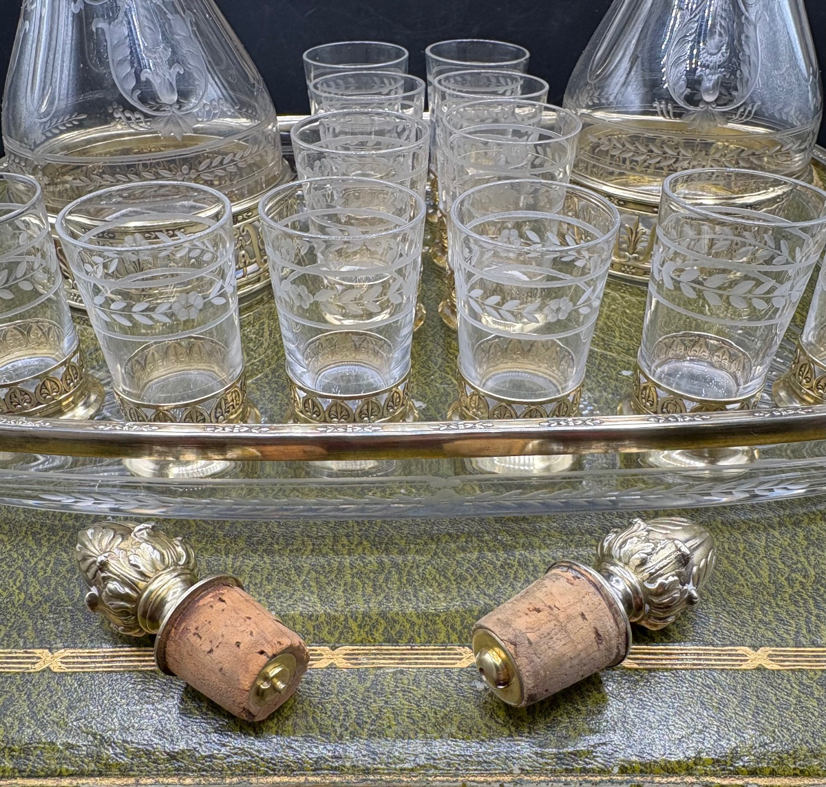 Blown Crystal Liqueur Service Engraved With Chez Saint Louis And Vermeil From The 1870s/80s-photo-2