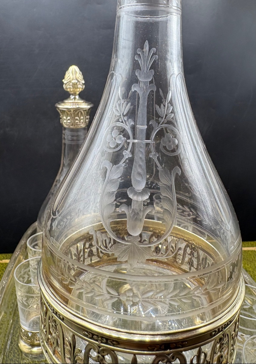 Blown Crystal Liqueur Service Engraved With Chez Saint Louis And Vermeil From The 1870s/80s-photo-3