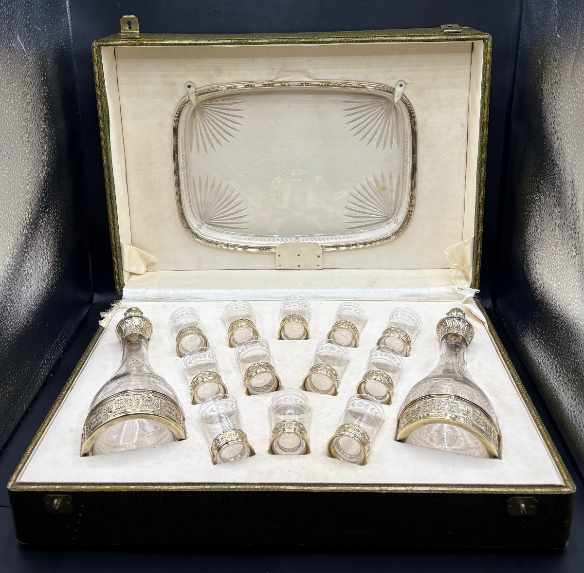 Blown Crystal Liqueur Service Engraved With Chez Saint Louis And Vermeil From The 1870s/80s
