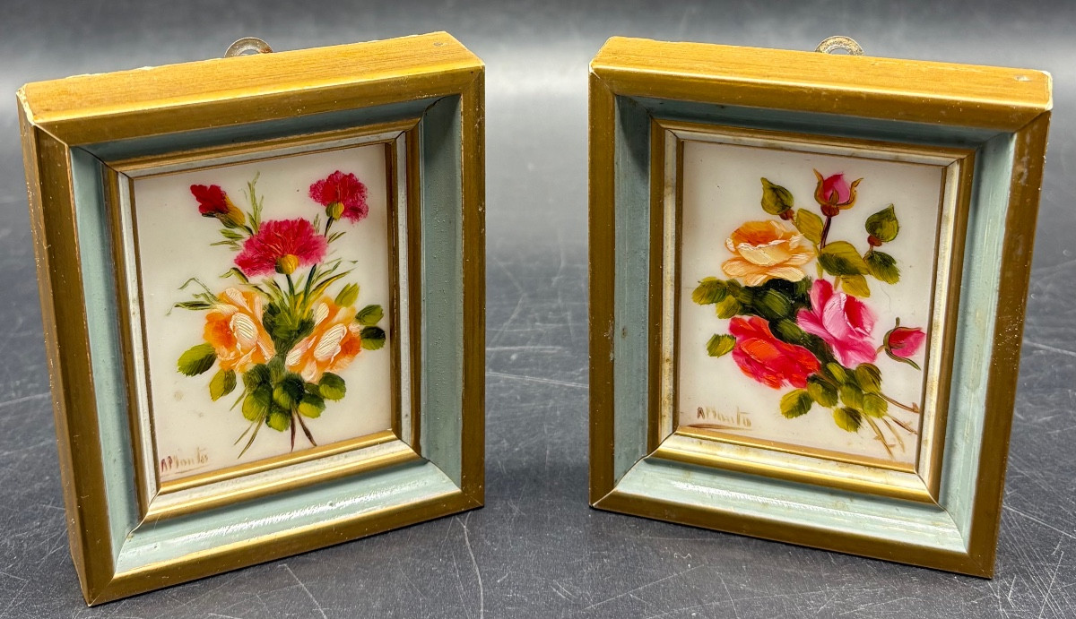 Pair Of Miniature Paintings On Opaline From The 1920s By A. Manta