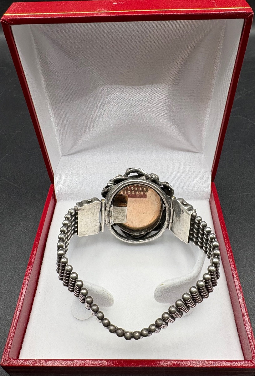 Silver And Vermeil Bracelet, Garnets And Miniature Circa 1860 French-photo-2