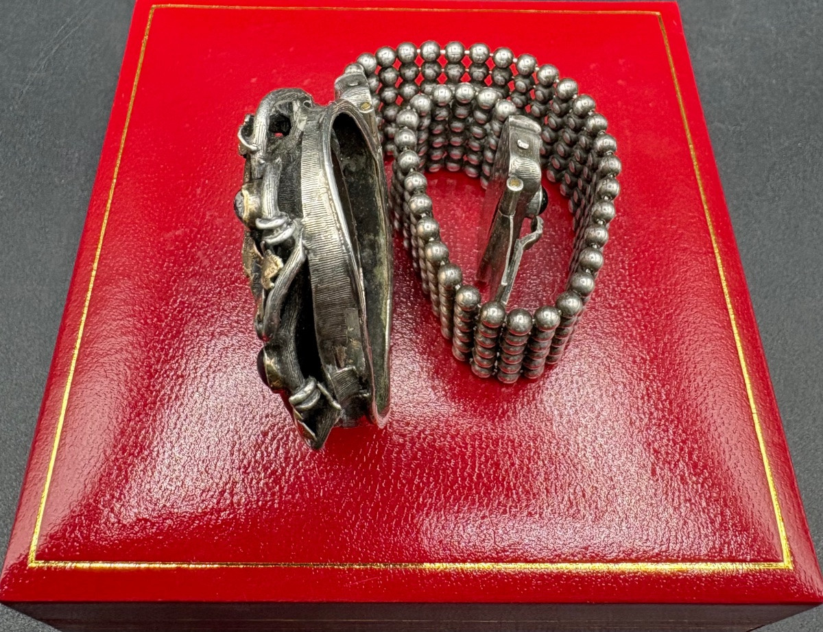 Silver And Vermeil Bracelet, Garnets And Miniature Circa 1860 French-photo-3